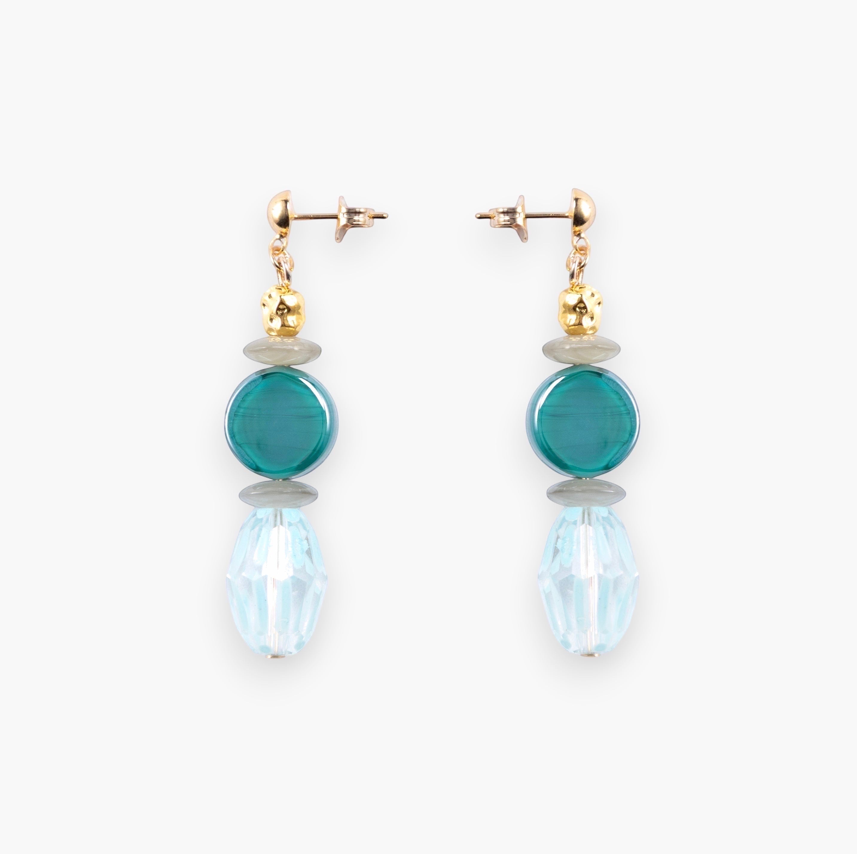 MurrinaMurano.us Evoque Drop Glass Crystal Earrings with teal and clear faceted beads, gold finish. Italian artistry.