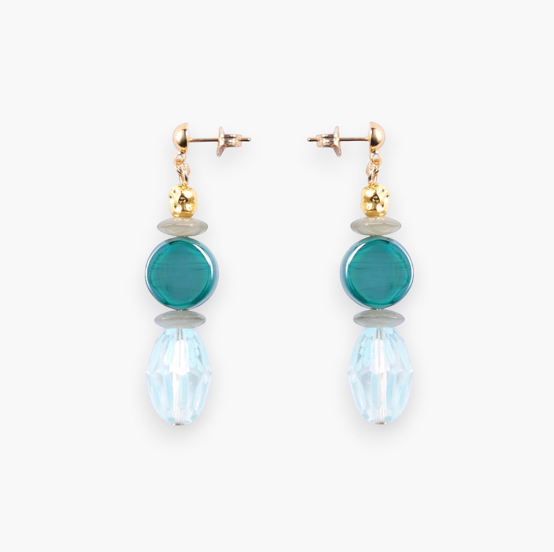 MurrinaMurano.us Evoque Drop Glass Crystal Earrings with teal and clear faceted beads, gold finish. Italian artistry.