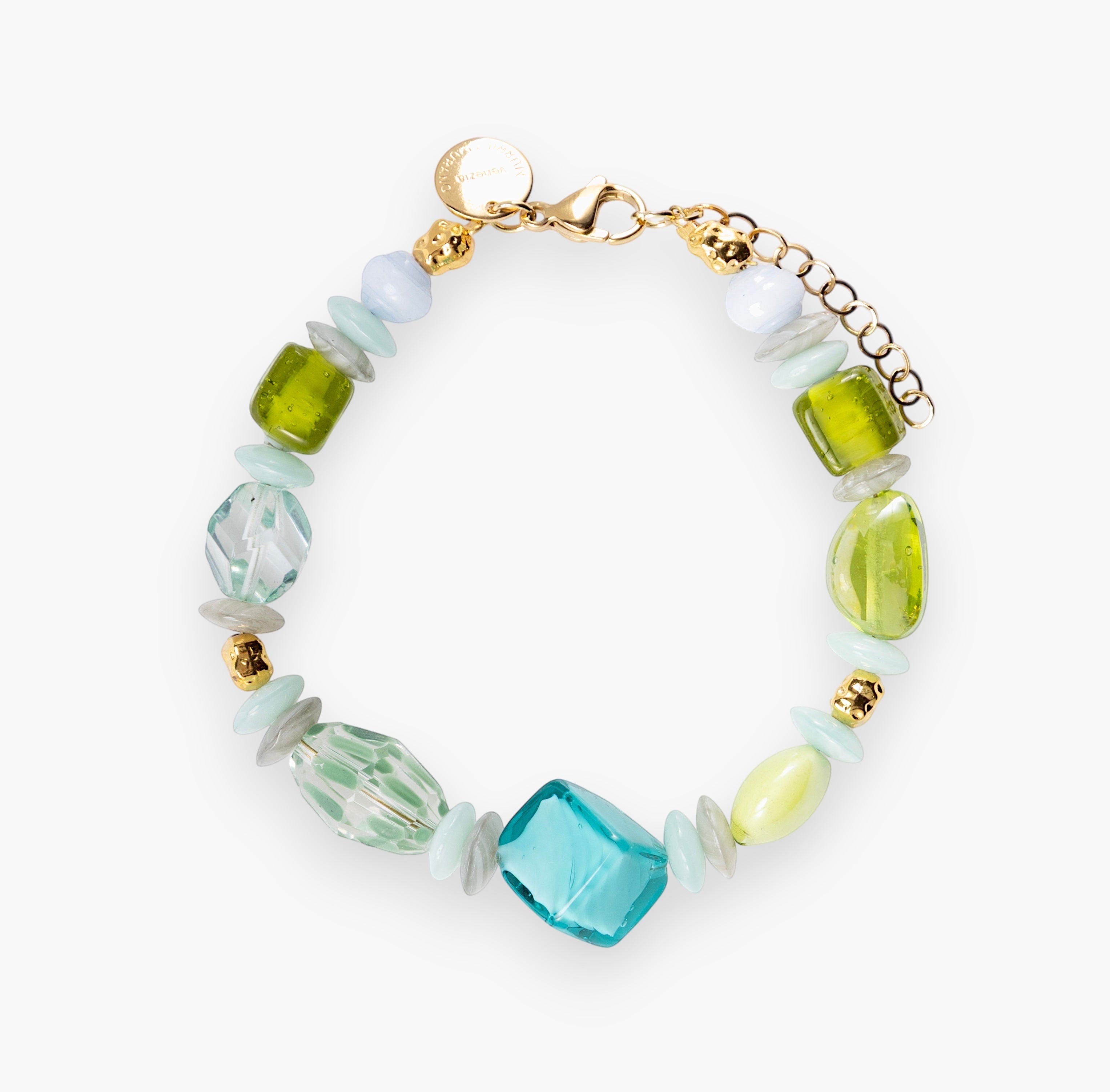 MurrinaMurano.us Evoque bracelet with mixed glass beads in blue, green, and gold, featuring a gold-plated brass clasp and charm.