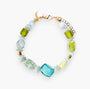 MurrinaMurano.us Evoque bracelet with mixed glass beads in blue, green, and gold, featuring a gold-plated brass clasp and charm.