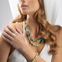MurrinaMurano.us Evoque bracelet with green and yellow Murano glass beads, brass, and stainless steel. Adjustable 7.5-inch length.