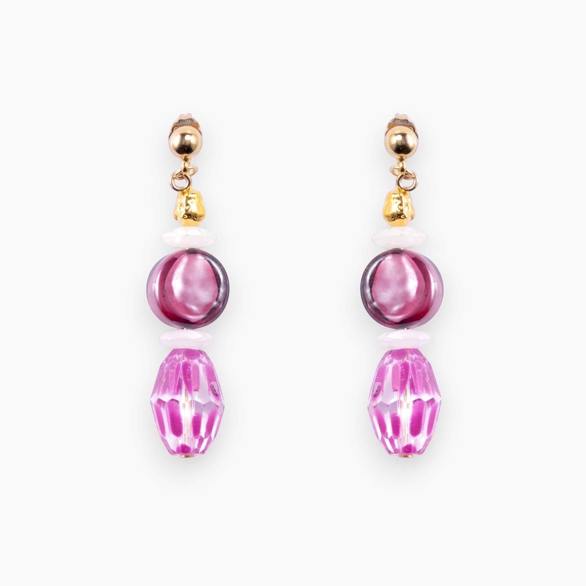 MurrinaMurano.us Evoque drop earrings with layered pink Murano glass beads and 18KT gold finish brass accents.