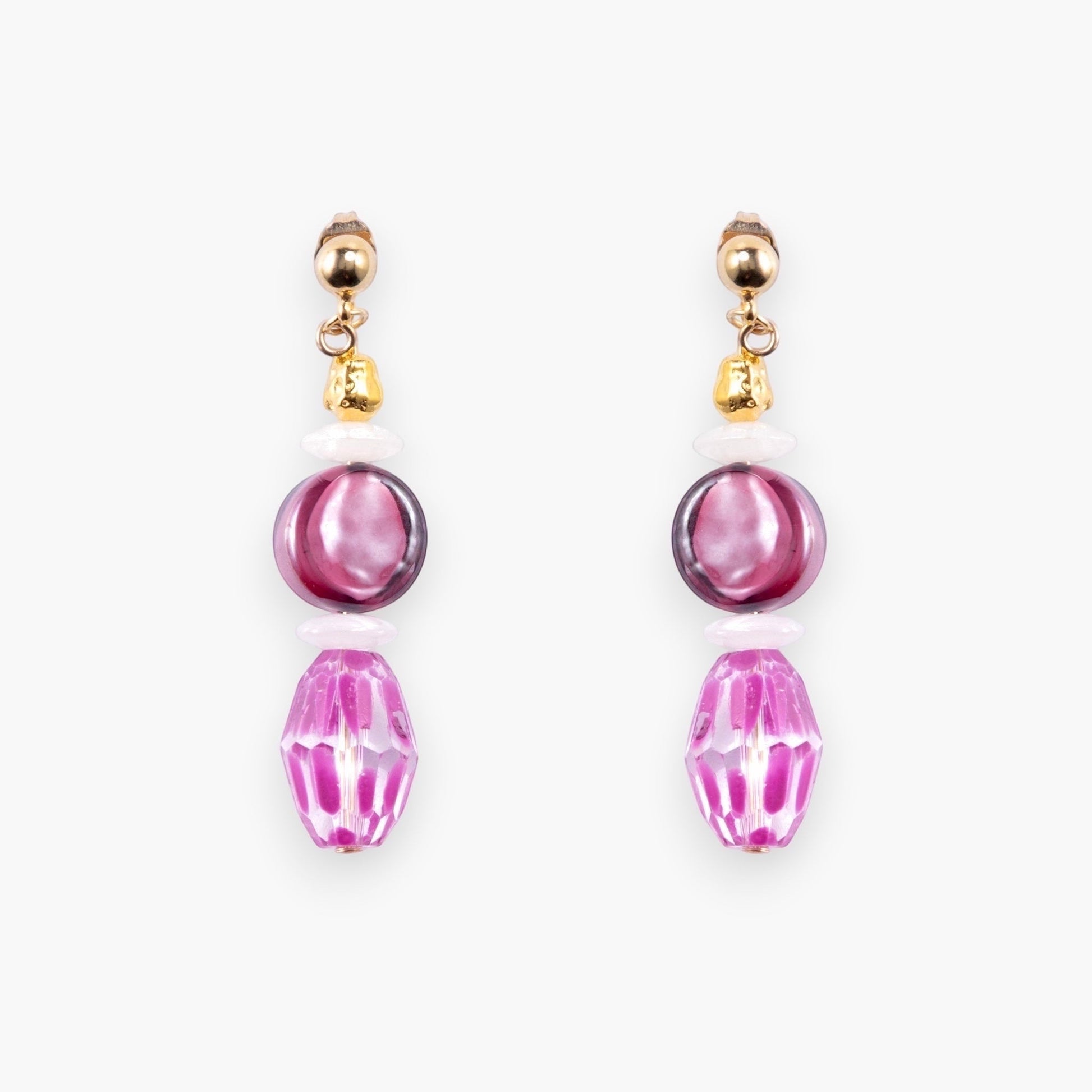 MurrinaMurano.us Evoque drop earrings with layered pink Murano glass beads and 18KT gold finish brass accents.