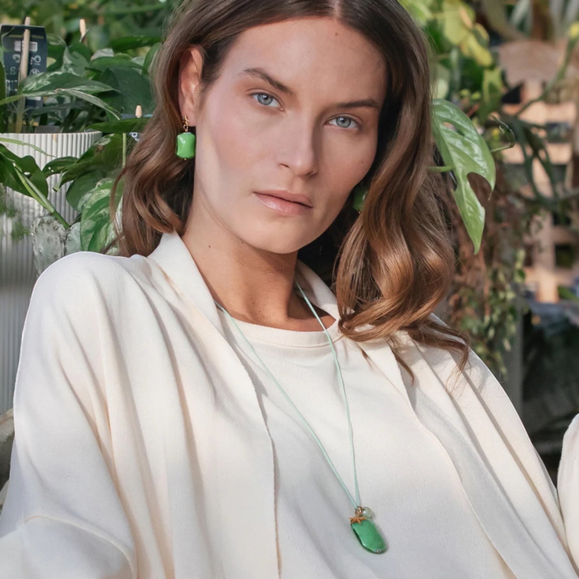 MurrinaMurano.us Alyssa Collection green Murano glass drop earrings and pendant necklace with gold finish.