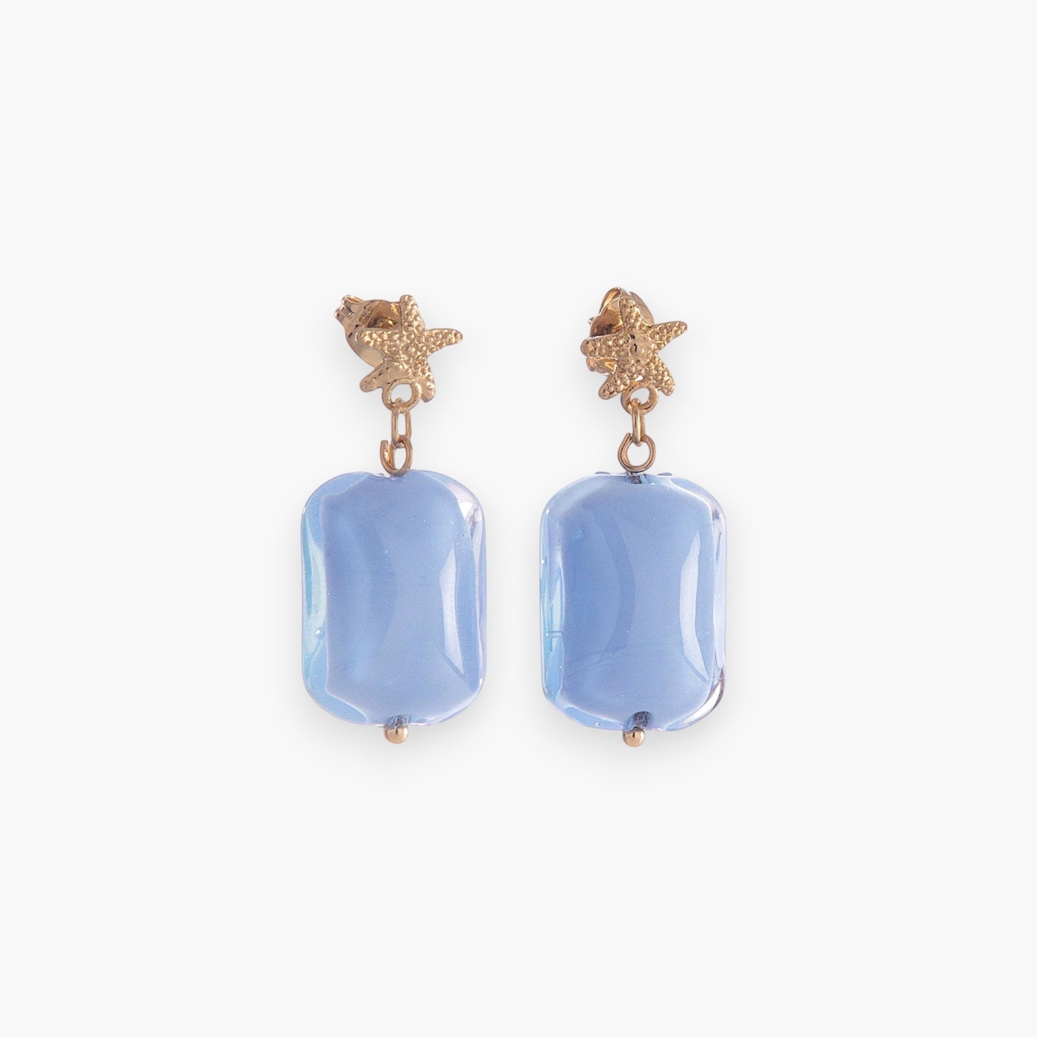 MurrinaMurano.us Alyssa Collection light blue Murano glass starfish drop earrings with 18KT gold finish.