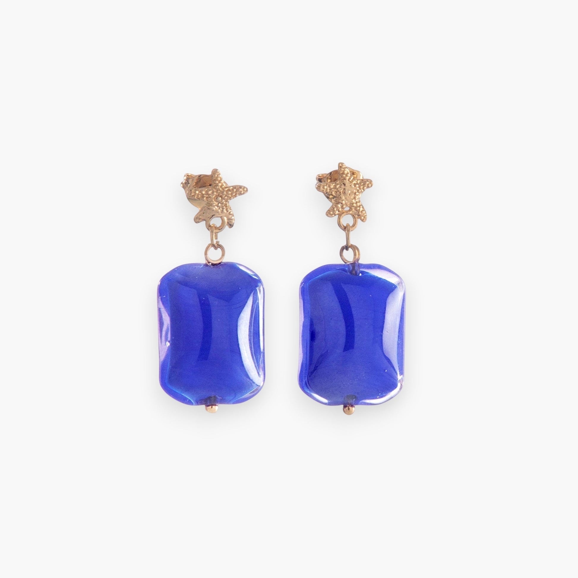 MurrinaMurano.us blue Murano glass starfish drop earrings with 18KT gold finish, made in Italy.