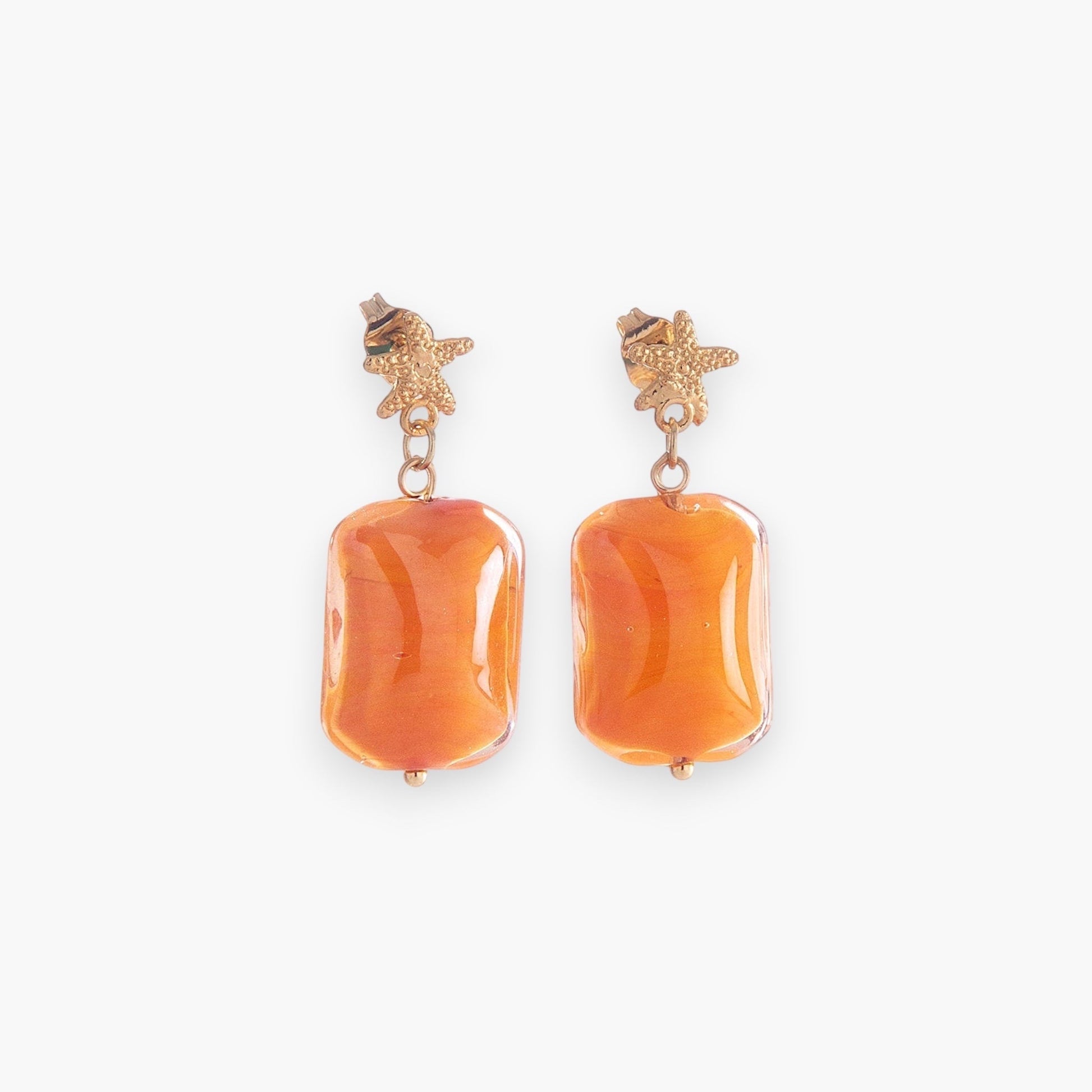 MurrinaMurano.us Alyssa Collection orange Murano glass starfish drop earrings with 18KT gold finish.