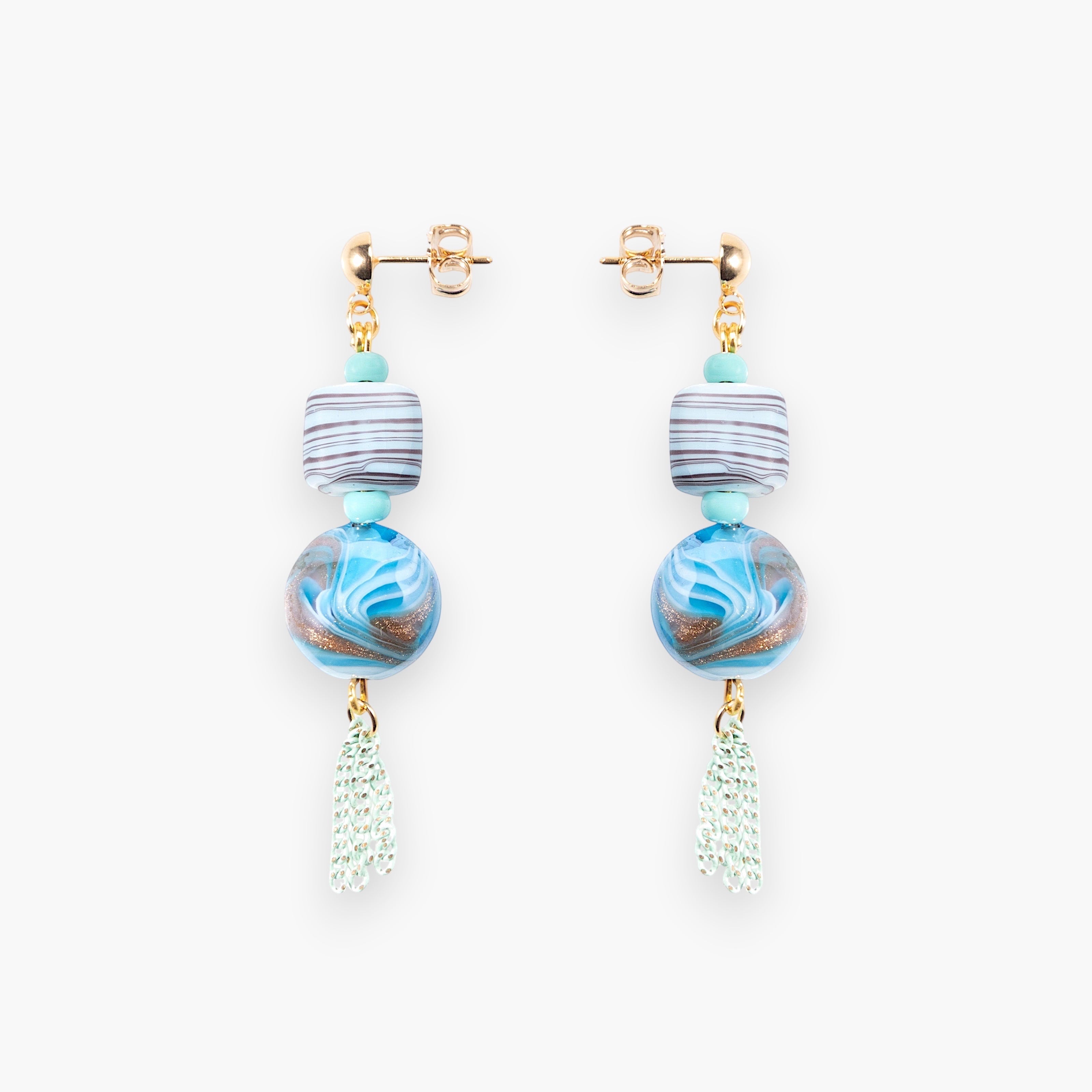 MurrinaMurano.us Blush Collection drop earrings with blue Murano glass beads, chain detail, and gold finish.