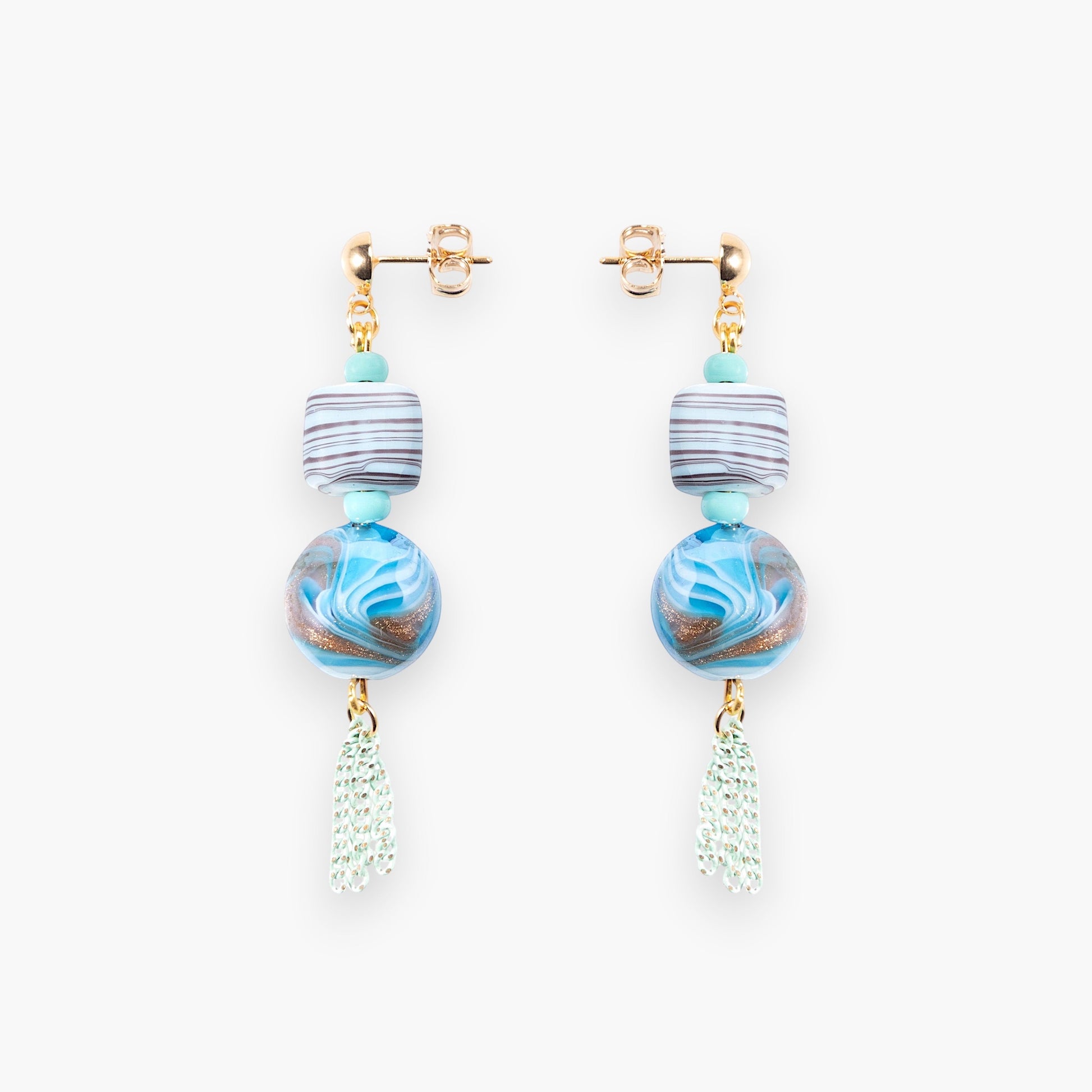 MurrinaMurano.us Blush Collection drop earrings with blue Murano glass beads, chain detail, and gold finish.