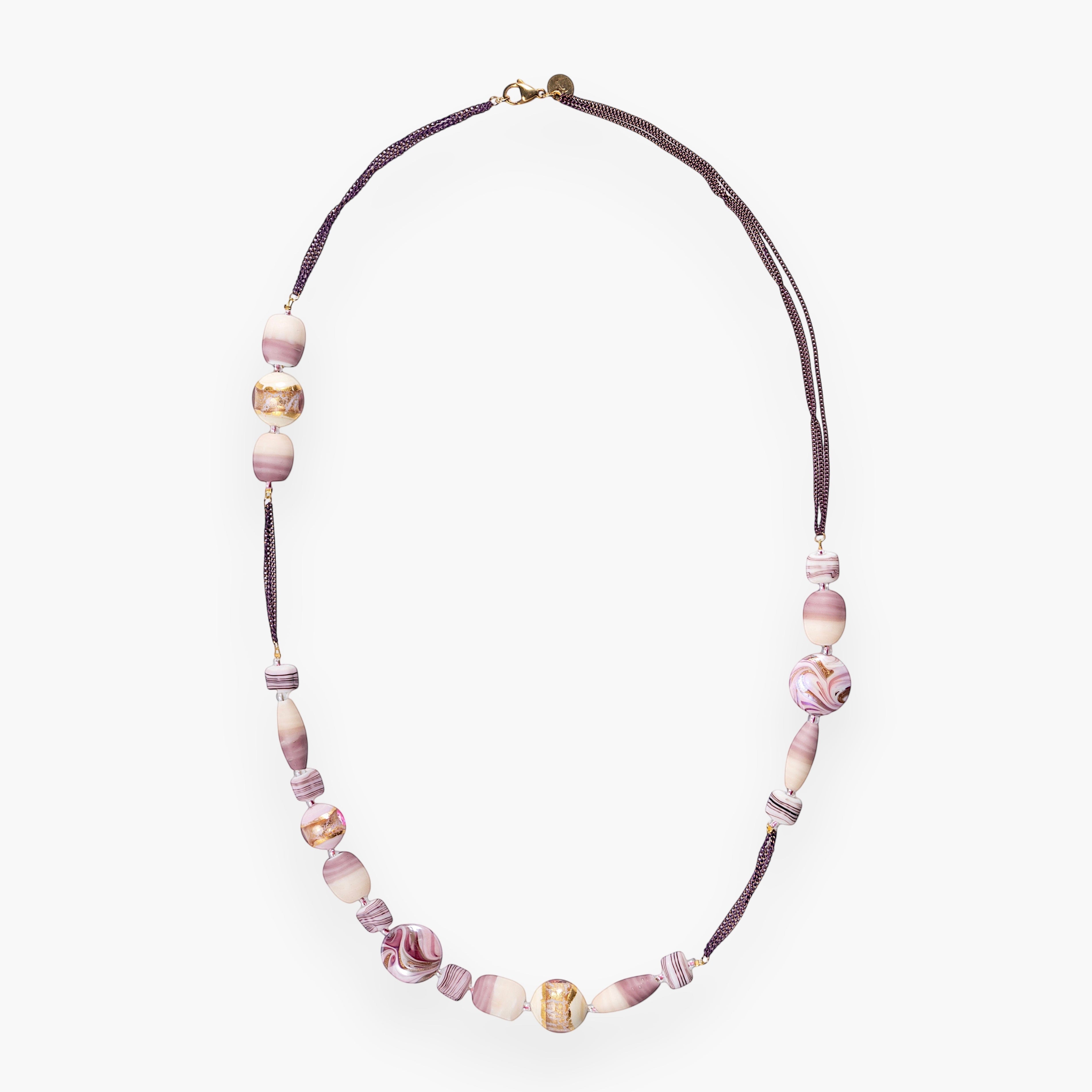 MurrinaMurano.us Blush Collection opera necklace with pink and cream Murano glass beads and gold accents, 31.5 inches long.