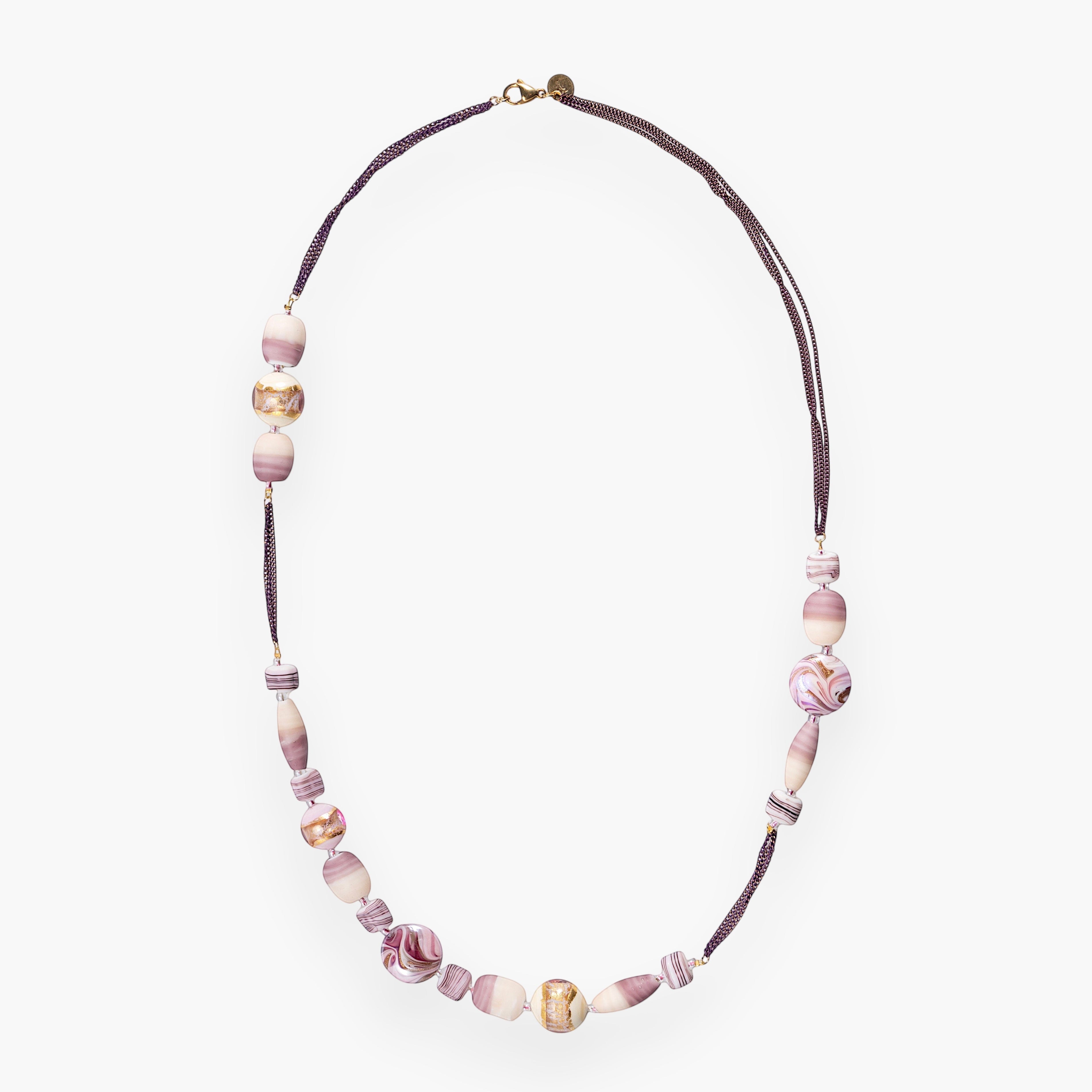MurrinaMurano.us Blush Collection opera necklace with pink and cream Murano glass beads and gold accents, 31.5 inches long.