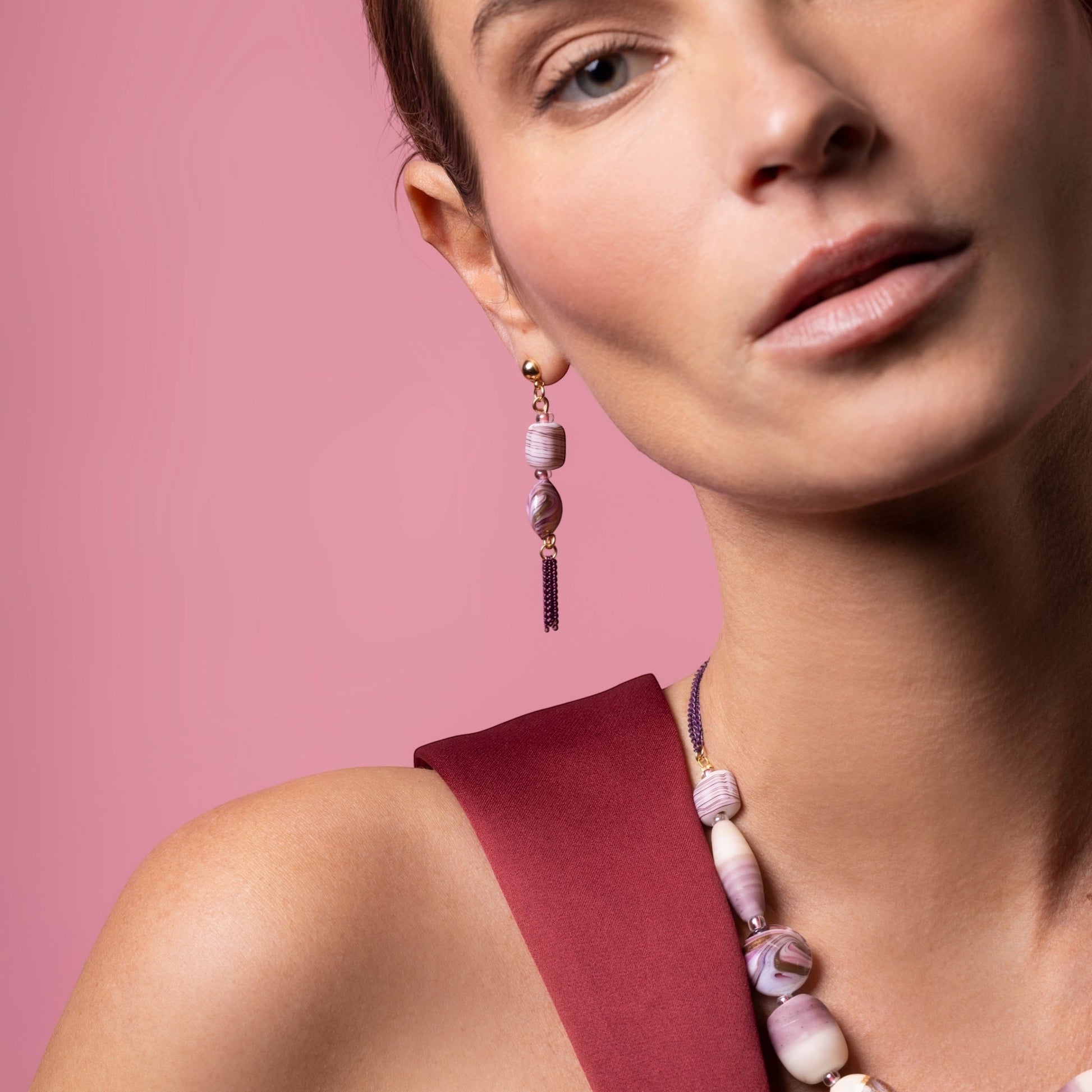 MurrinaMurano.us Blush Collection drop earrings with purple and white Murano glass beads and chain detail, 18kt gold finish.