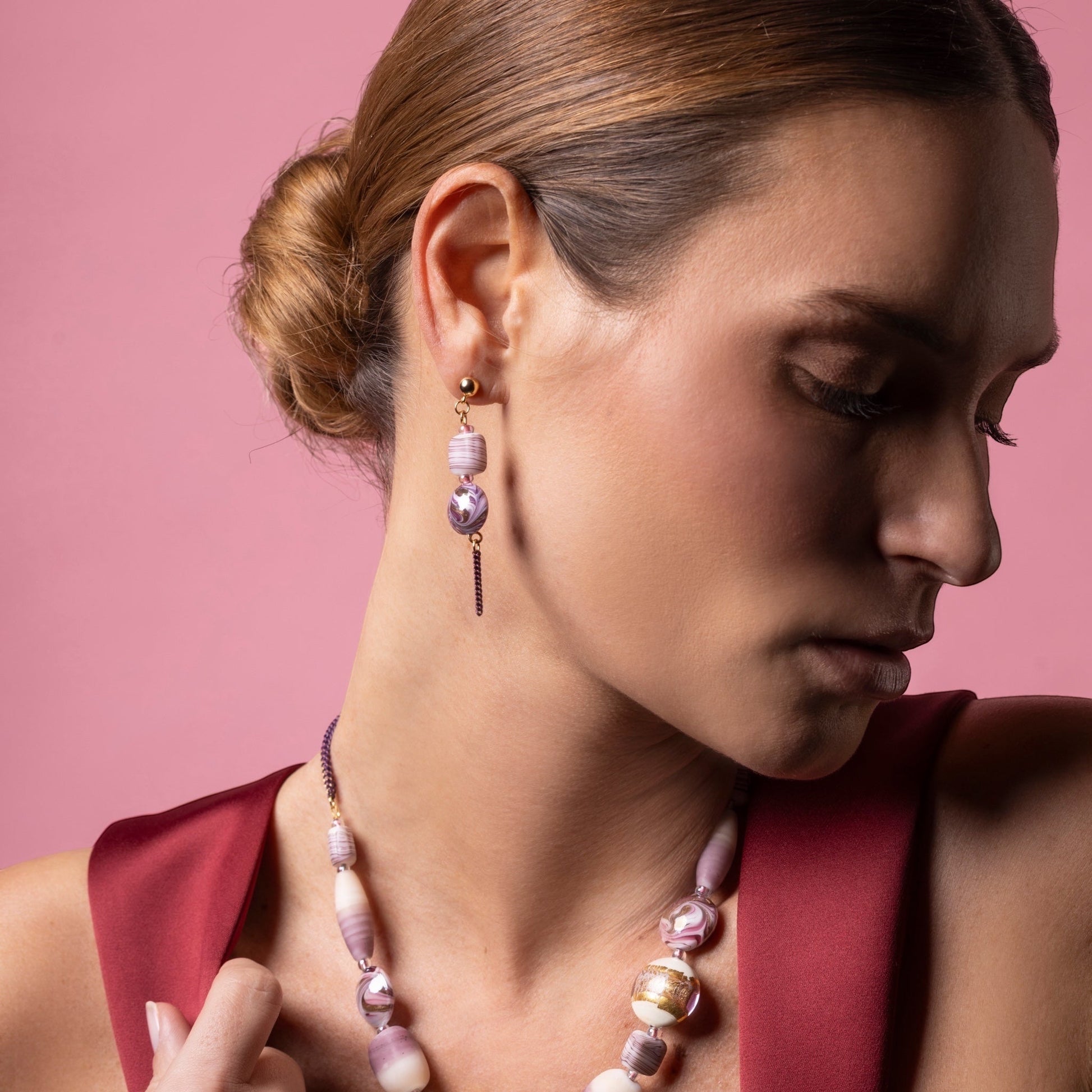 MurrinaMurano.us Blush Collection drop earrings with purple Murano glass beads and chain detail, 18KT gold finish.