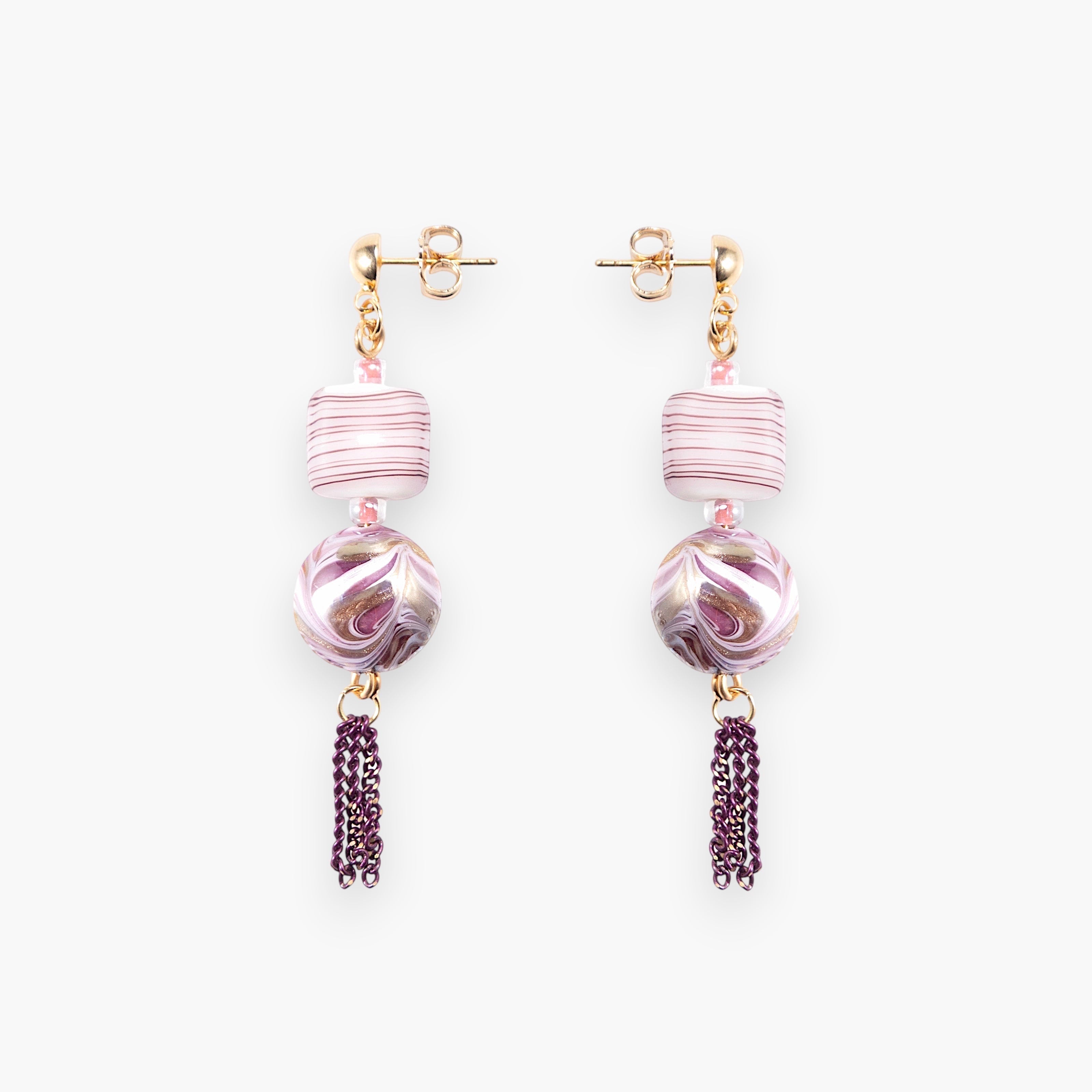MurrinaMurano.us Blush Collection drop earrings with pink Murano glass beads and gold chain detail.