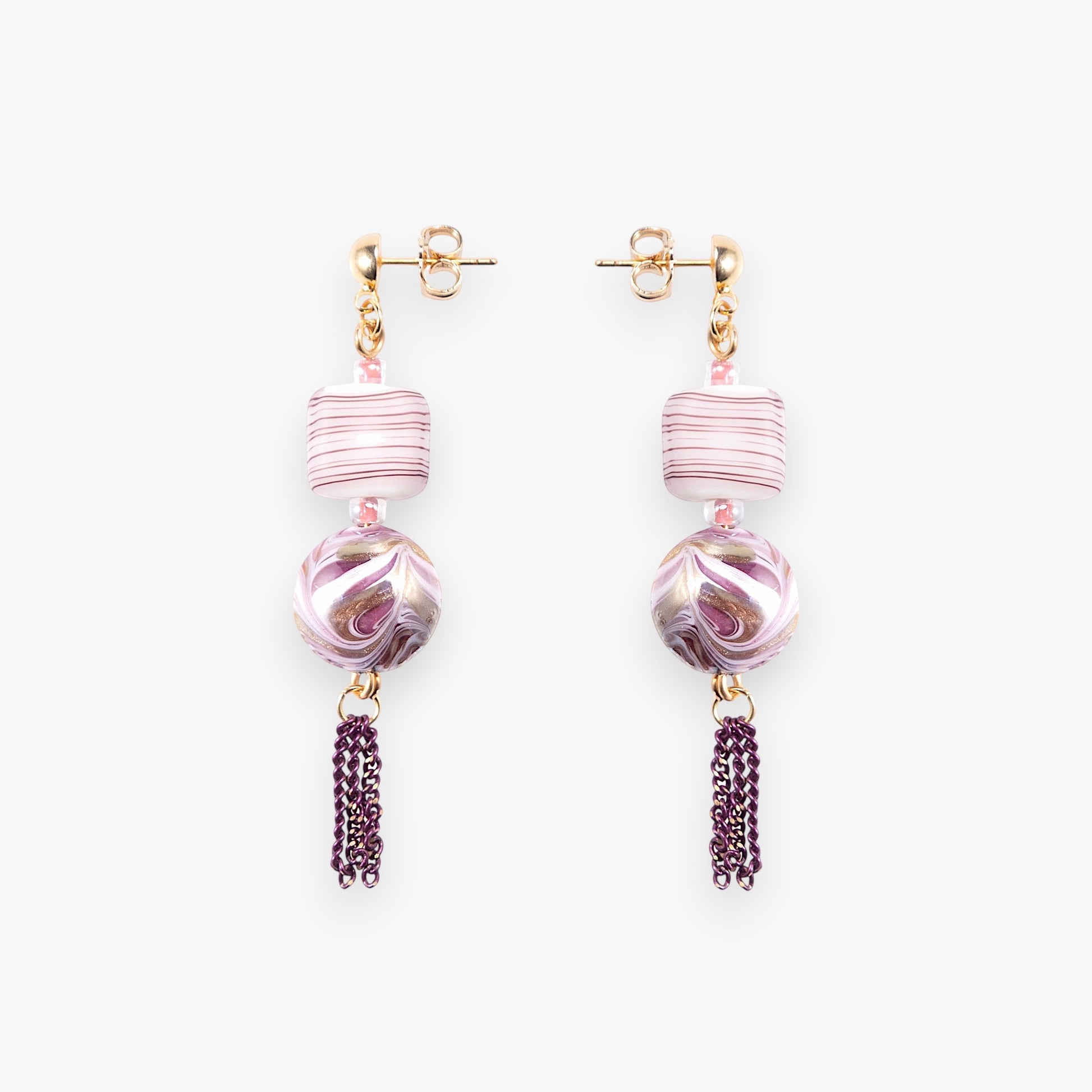 MurrinaMurano.us Blush Collection drop earrings with pink Murano glass beads and gold chain detail.