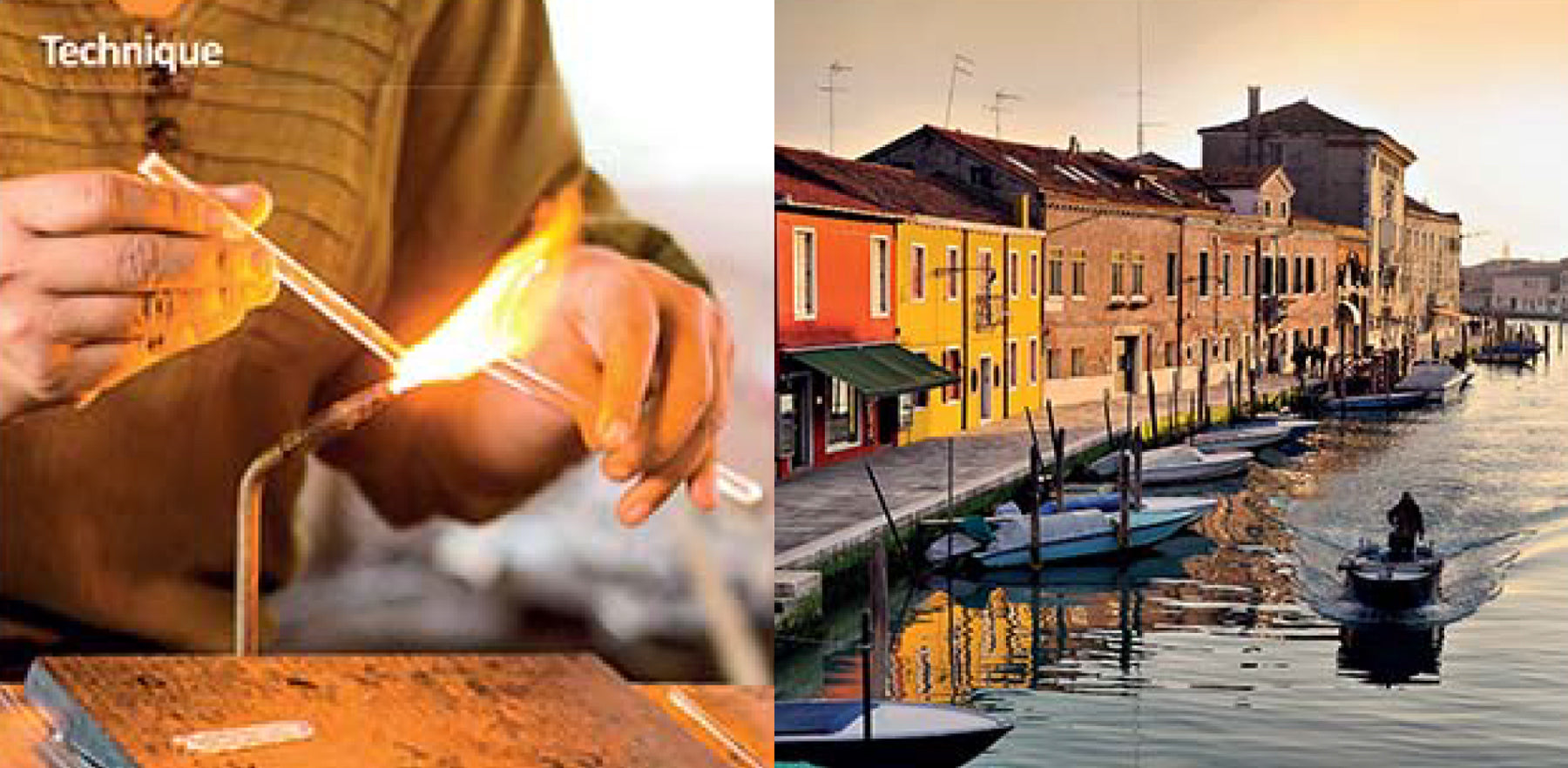 Lampwork process on the left and a canal scene with boats and buildings on the right.