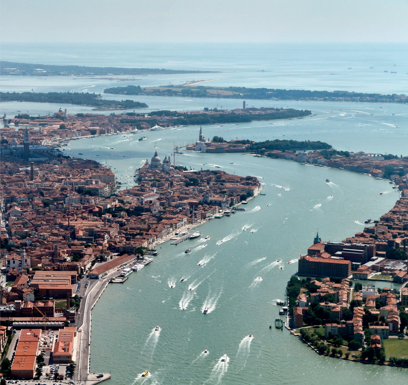 Aerial view of Venice with canals and boats